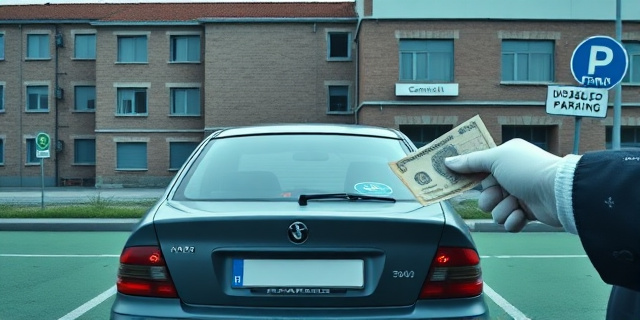
  Una ilustración en estilo realismo social con tonos grises y azules fríos. En primer plano, un coche oficial (matrícula borrosa) aparcado en zona verde con una tarjeta PMR colgada del espejo retrovisor. Al fondo, una prisión de ladrillo visto y un edificio institucional con letreros de 