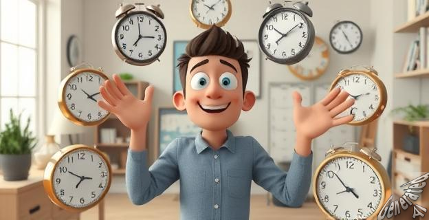 Una persona rodeada de relojes y calendarios, con una expresión de alivio al eliminar tareas innecesarias de su agenda, con un fondo de una habitación minimalista y organizada
