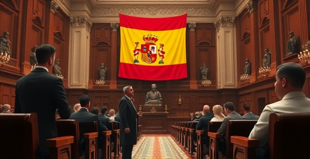 Una escena en el Senado español donde un hombre (Julio Martínez) está siendo buscado por un ujier mientras otros diputados observan desde sus escaños. Al fondo, una gran bandera de España cuelga del techo.