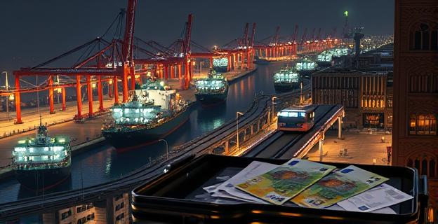 Una escena nocturna de una ciudad portuaria futurista en Marruecos. Grúas de carga automatizadas, brillantes luces de neón y buques de carga masivos se alinean en un puerto industrial. Un sistema de tranvía moderno recorre puentes elevados. El ambiente es una mezcla de tecnología avanzada y arquitectura tradicional marroquí, con elementos geométricos intrincados en los edificios. Una maleta abierta en primer plano, con billetes de euro y documentos de construcción, iluminada por una tenue luz.