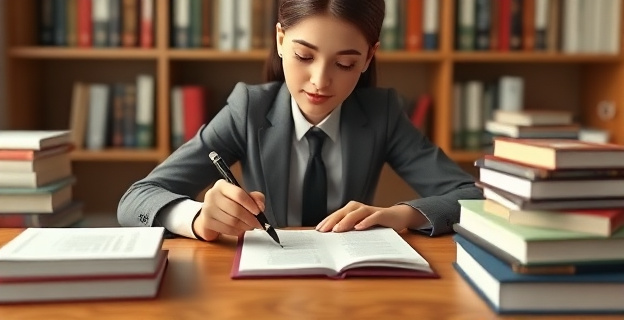 Una joven con traje formal sentada en un escritorio, rodeada de libros y papeles, con una expresión de concentración en su rostro mientras sostiene un bolígrafo en la mano y mira un examen tipo test.