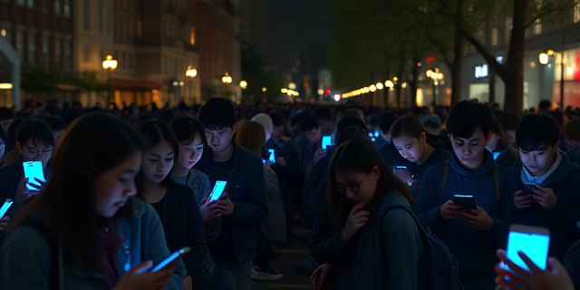 Una escena urbana nocturna donde una multitud de smartphones se alinean sobre un parque, cada pantalla emitiendo luces azules que flotan como migas de pan, reflejadas en los rostros distraídos de la gente, sin que nadie pare de deslizar.
