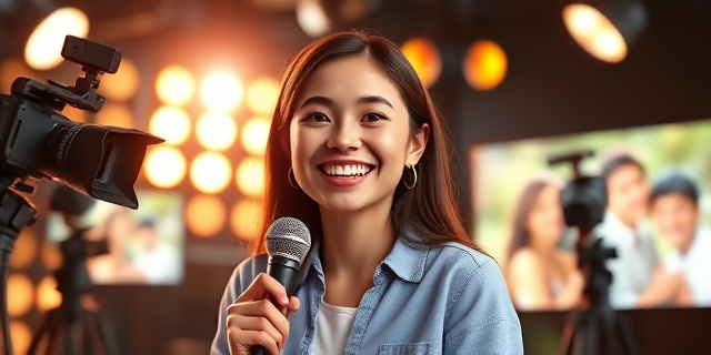 Una imagen de una joven sonriente con un micrófono en la mano, con un fondo de estudios de televisión iluminados y cámaras apuntando hacia ella. La joven está rodeada de luces y pantallas que muestran imágenes de parejas sonrientes.