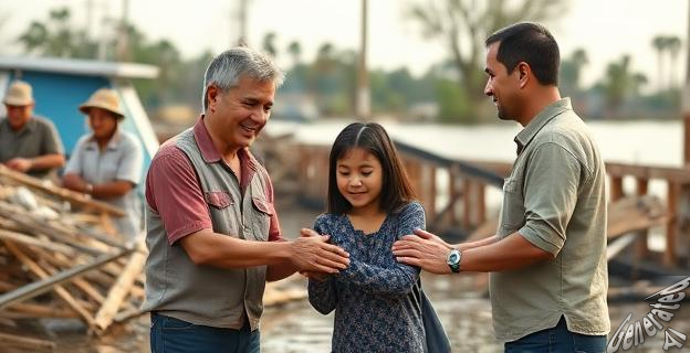 Una imagen de una familia recibiendo ayuda económica con un fondo de escombros y daños de la riada