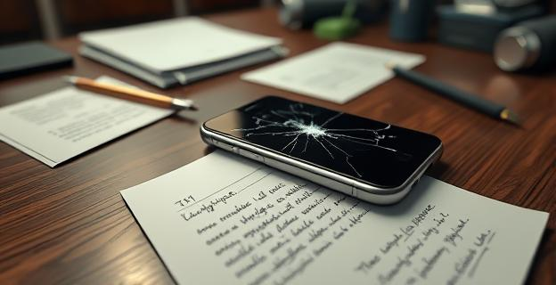 Imagen de un teléfono móvil con una pantalla rota, sobre una mesa con documentos y una libreta con notas manuscritas, en un ambiente de oficina de investigación judicial.