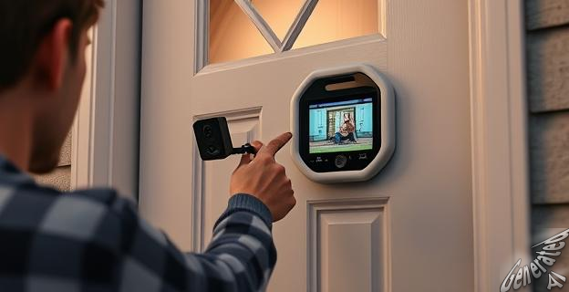 Una persona instalando una mirilla digital en la puerta de su casa con una cámara que apunta al descansillo y a la puerta de un vecino.