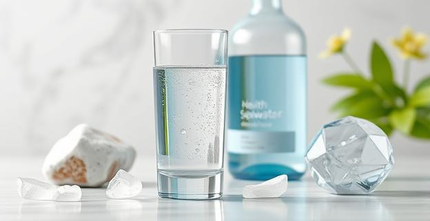 Imagen de un vaso con agua filtrada y una botella de agua de mar junto a elementos que representan minerales como magnesio y calcio, con un fondo que sugiere salud y bienestar