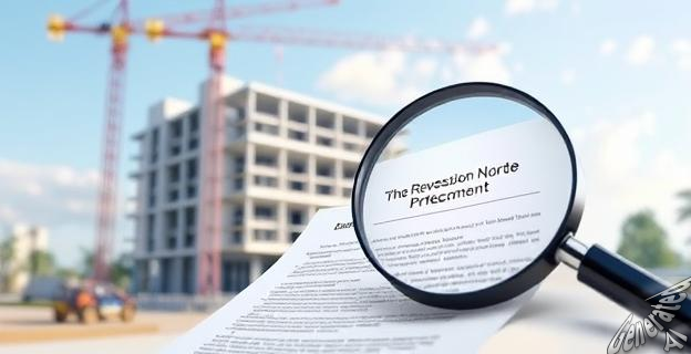 Imagen de un edificio en construcción con una lupa sobre un documento legal en primer plano, simbolizando la polémica sobre los derechos de reversión en Madrid Nuevo Norte.