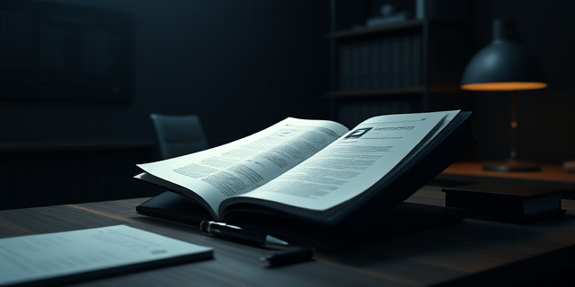 Una oficina de investigación con un gran expediente abierto sobre la mesa, sobre el cual se destaca un folio con el logotipo de una corporación. El ambiente es oscuro y la iluminación tenue, con sombras que sugieren intriga y secretos documentales.