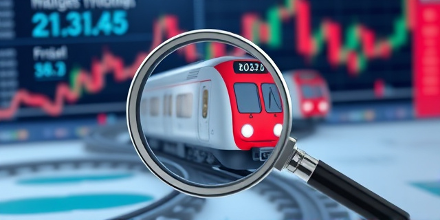 Una lupa sobre un tren, con un fondo de cifras y gráficos financieros