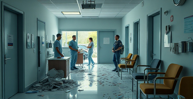 Una sala de un centro de salud con destrozos, puertas rotas y mobiliario destrozado. Al fondo, sanitarios visiblemente afectados por el incidente. En el exterior, una patrulla de la Guardia Civil.