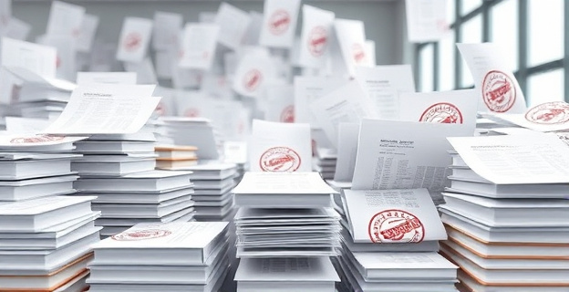 Una imagen que represente un maremágnum de papeles y documentos oficiales con sellos de subvención, en un entorno de oficina burocrática.