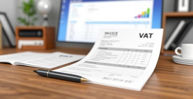 Imagen de un escritorio con una factura y un bolígrafo, representando el IVA y la facturación de autónomos, con un fondo de documentos y una computadora mostrando una pantalla de declaración de impuestos.