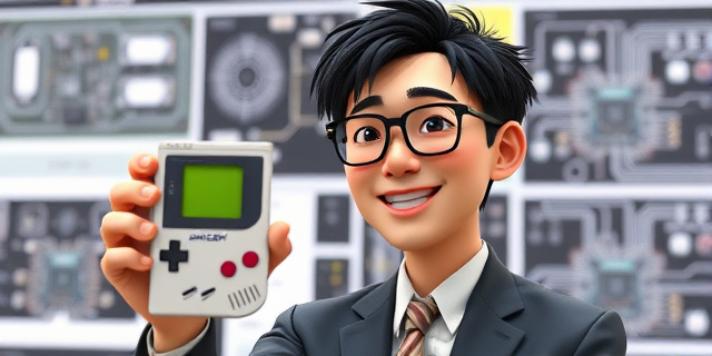 Un hombre japonés con gafas y un traje sencillo sostiene un Game Boy en su mano, con una expresión de satisfacción en su rostro. Al fondo, se ven imágenes de componentes electrónicos y esquemas de circuitos.