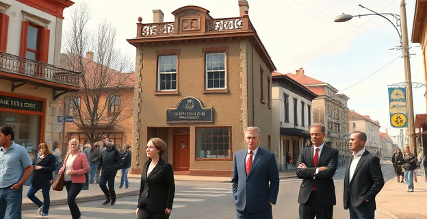 Una escena que muestra un edificio de tres plantas en una calle tranquila de una ciudad pequeña, con una fachada desgastada por el tiempo y una placa que indica su propiedad pública. Alrededor, personas de diferentes edades pasean sin prestar atención al edificio, mientras que en primer plano, un grupo de políticos locales discuten con gestos serios.