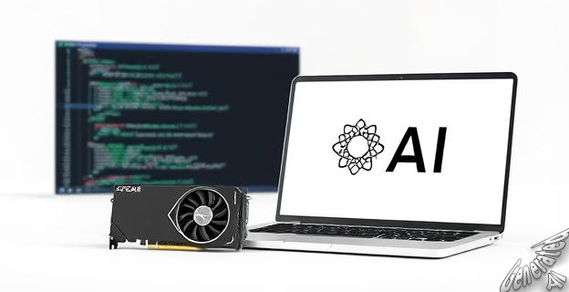 Ilustración de una GPU y un portátil con logos de OpenAI y código de programación en la pantalla