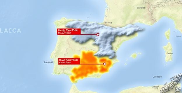Una imagen de un mapa de España con alertas meteorológicas, mostrando zonas de lluvia intensa y tormentas en Baleares, Cataluña y el norte de la península, con colores que indican diferentes niveles de alerta.