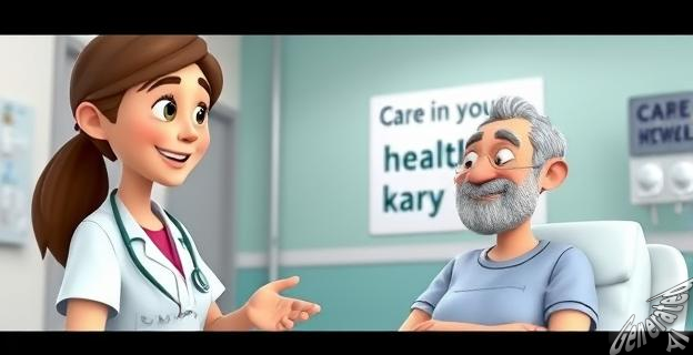 Una ministra de sanidad sonriendo mientras habla con un paciente en un hospital con un cartel que dice 