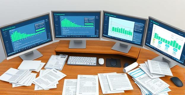 Una imagen de una mesa de despacho con documentos desordenados y pantallas de ordenador mostrando datos inconexos, representando la falta de coordinación y transparencia en la contratación pública.