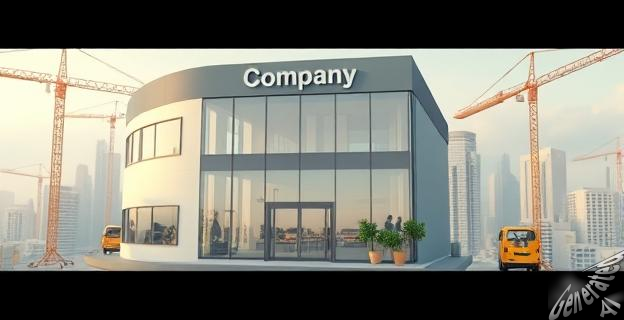 Una imagen de una empresa con problemas financieros y retrasos en sus proyectos, con un fondo de una ciudad con obras en construcción.