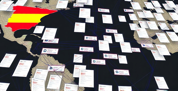 Imagen de un entramado financiero complejo con conexiones entre España, Venezuela y Panamá, mostrando documentos y transferencias bancarias