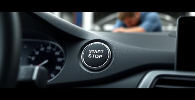 Imagen de un coche con el sistema Start&Stop desactivado, mostrando el botón de desactivación en el salpicadero, con un mecánico trabajando en el motor en el fondo.