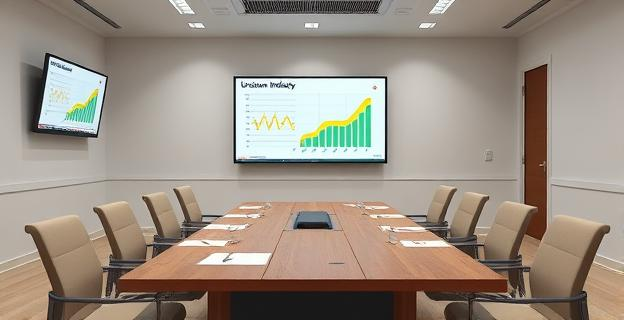 Imagen de una sala de reuniones con documentos y pantallas mostrando gráficos de la industria del uranio y una mesa con sillas vacías