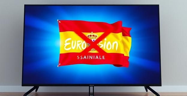 Una pantalla de televisión mostrando el logo de Eurovisión con una bandera de España en primer plano y una sombra o una X roja sobre ella, simbolizando su retirada del festival.