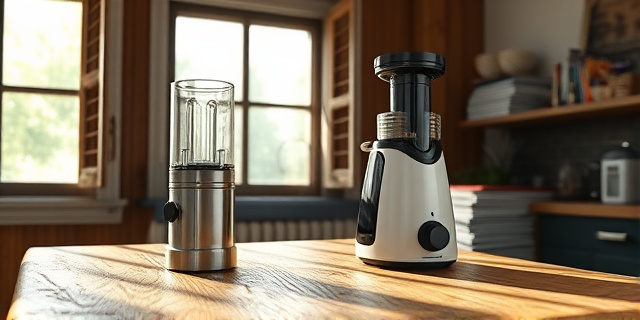 Una escena en un salón de cocina, con una mesa de madera rústica donde reposan un batidor de acero inoxidable y una máquina de jugos de diseño futurista. La luz entra por una ventana antigua, iluminando el contraste entre la simplicidad de la herramienta manual y la tecnología de alta gama. Sobre la mesa, una botella de agua cristalina y una pila de revistas sobre productividad se deshacen en el aire, simbolizando la lucha entre la velocidad y la calma.