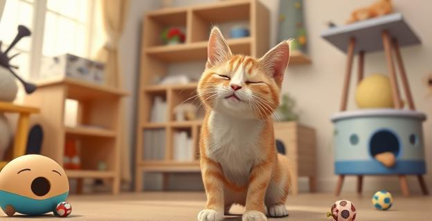 Imagen de un gato doméstico en un entorno hogareño con juguetes interactivos y espacios elevados, mostrando diferentes posturas de afecto como ronroneo y parpadeo lento.