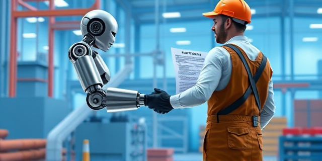 Una ilustración conceptual y satírica que muestra un brazo robótico industrial moderno y brillante estrechando la mano de un trabajador humano cansado y con ropa de fábrica, pero el brazo robótico está sosteniendo discretamente un contrato de despido detrás de su espalda. Fondo de fábrica futurista con tonos azules y naranjas, estilo arte digital detallado, sin rostros definidos.