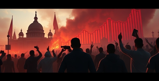 Una imagen que represente un incremento alarmante de estadísticas criminales en un contexto de tensión política y social, con elementos que sugieran desprotección y miedo en la ciudadanía.