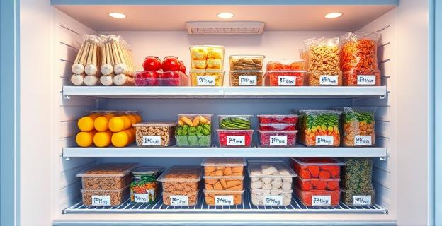 Imagen de un congelador abierto mostrando diferentes tipos de alimentos congelados organizados en estantes y recipientes etiquetados con fechas de congelación