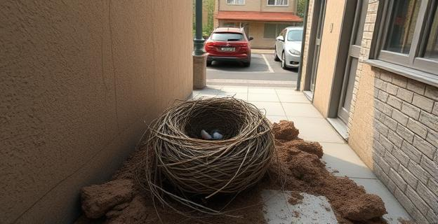 Imagen de un nido de golondrina en una vivienda con restos de barro en la acera y vehículos aparcados al fondo