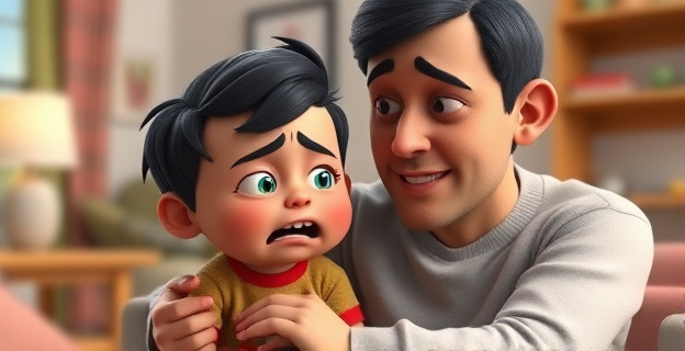 Imagen de un niño enfadado siendo consolado por un adulto con una expresión de calma y comprensión, en un entorno hogareño acogedor.