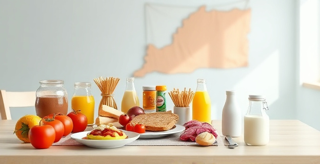 Una imagen conceptual que represente la contradicción entre las subvenciones europeas y la salud pública en Canarias, con elementos que simbolicen alimentos procesados y una mesa de desayuno con productos insalubres dominando el primer plano.