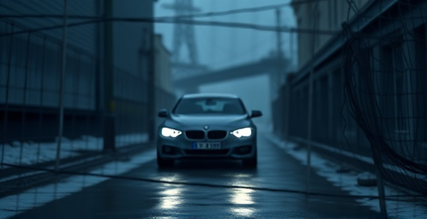 Imagen de un coche rodeado de malla de alambre en una calle oscura y fría
