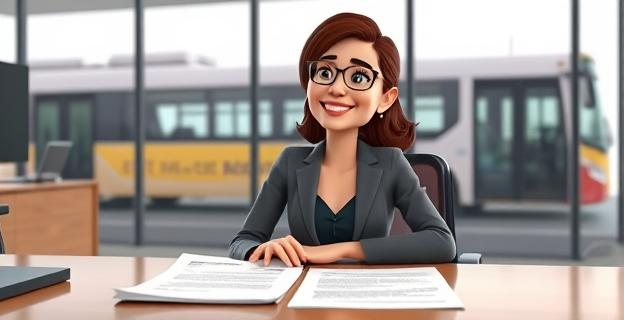 Imagen de una mujer sentada en una oficina con documentos y una sentencia judicial en la mesa, con una expresión de alivio en su rostro, y un autobús al fondo.