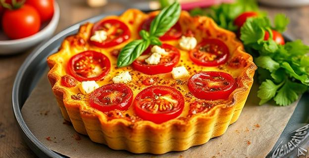 Una foto de un delicioso clafoutis salado de tomates cherry y queso feta, recién salido del horno, con hierbas frescas encima.