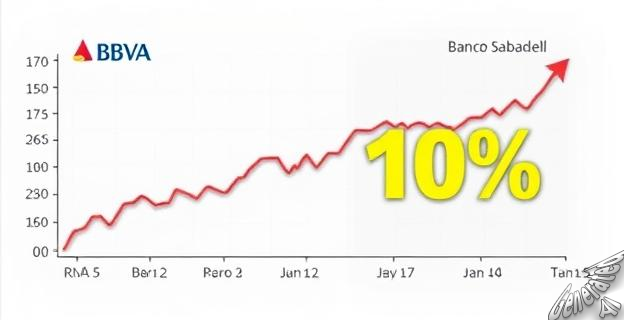 Un gráfico representando la evolución de las acciones de BBVA y Banco Sabadell en la bolsa con una flecha indicando el aumento del 10% en la OPA.