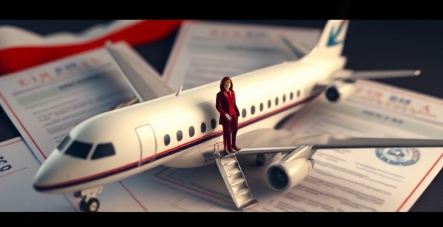 Una imagen conceptual que represente la tensión política y la controversia en torno a un avión oficial, con un fondo de documentos oficiales y una figura borrosa de una mujer en el avión.