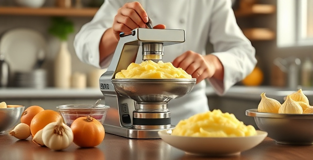 Una escena de cocina elegante donde un chef está preparando puré de patatas con ajo confitado, utilizando un pasapurés y mantequilla derretida, con patatas y ajos visibles en el entorno.