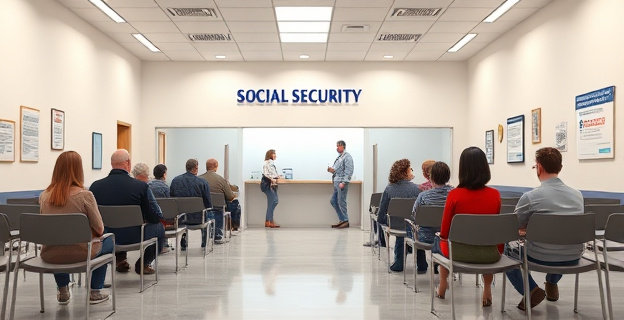 Oficina de la Seguridad Social con personas esperando en una sala de espera vacía y un mostrador de atención al público con un letrero que indica 