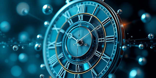 Representación abstracta de un reloj de péndulo descompuesto en partículas subatómicas y espejos diminutos. Colores fríos y futuristas, con líneas de energía fluyendo entre los componentes. Estilo artístico: ilustración científica detallada y elegante.