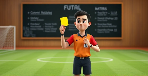 Imagen de un árbitro de fútbol sala en un campo vacío, con una tarjeta amarilla en la mano y una expresión de frustración en el rostro. Al fondo, una pizarra con notas y fechas importantes relacionadas con la FCF.