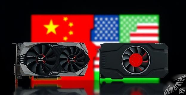 Una imagen de una GPU de NVIDIA o AMD con un símbolo de China y EE.UU. en el fondo, representando la disputa comercial y tecnológica entre ambos países.