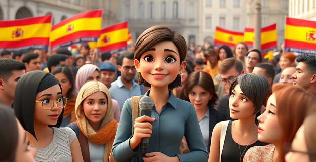 Una multitud de personas de diferentes etnias y edades reunidas en una plaza, con banderas de España y pancartas que dicen 