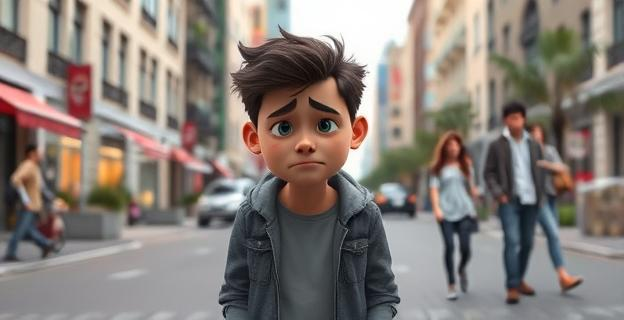 Una representación visual de una persona sola en un entorno urbano, con expresiones faciales que reflejan frustración y soledad, mientras que al fondo se ven parejas felices.