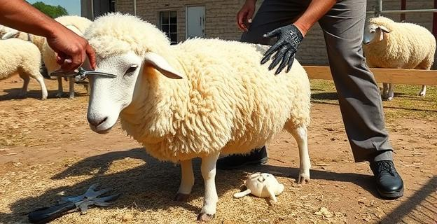 Imagen de una oveja siendo esquilada con un profesional trabajando, en un entorno limpio y soleado, con tijeras de esquila y lana en el suelo