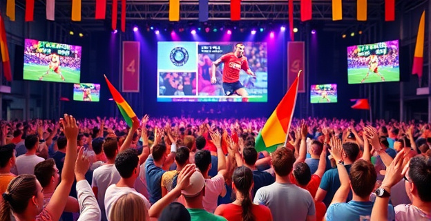 Una imagen de un festival de música con una multitud diversa y colorida, con banderas de diferentes colores ondeando en el aire, mientras al fondo se ven pantallas mostrando un partido de fútbol con un marcador de 4 a 0.